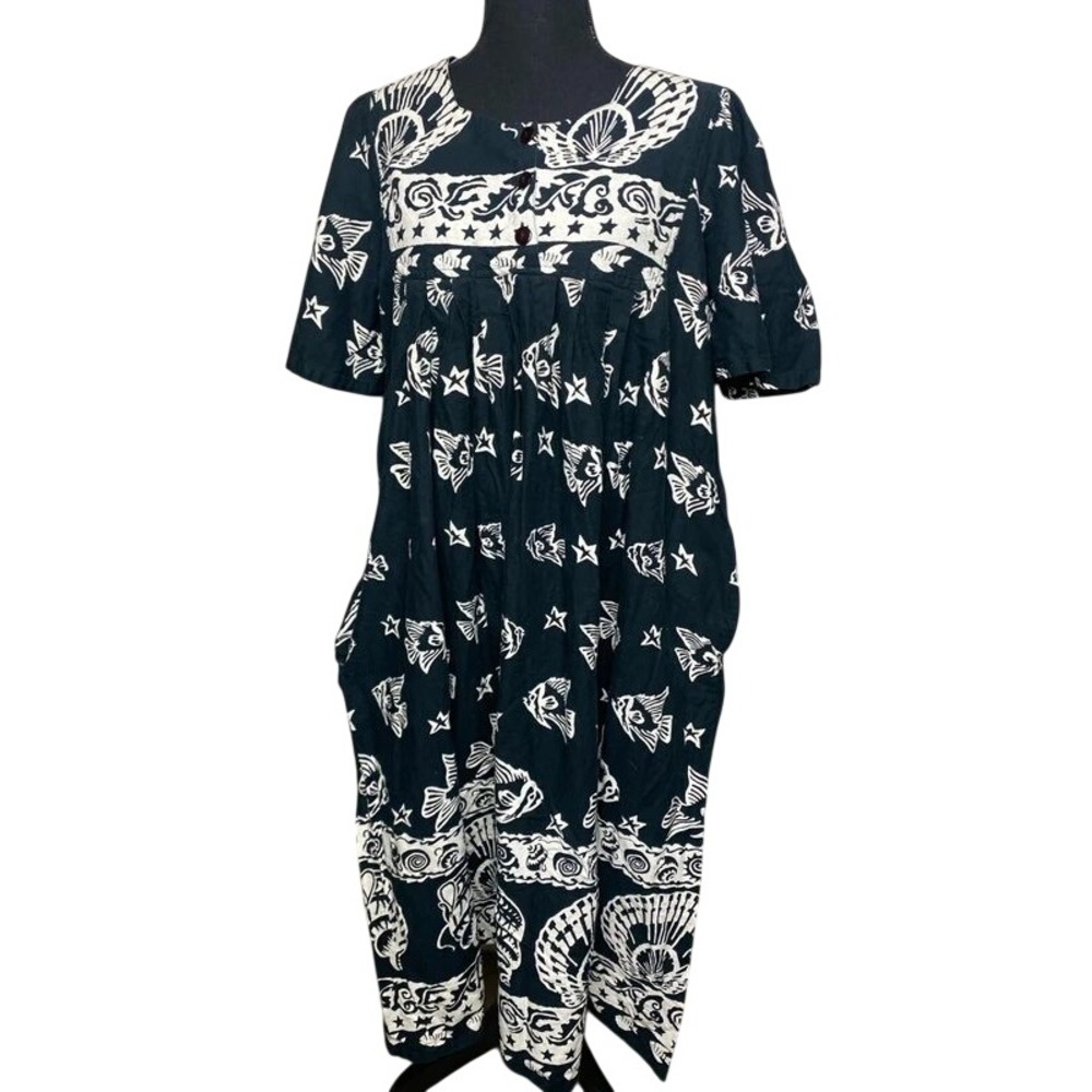 Vintage Phases Navy Blue Aquatic Print Muumuu Dress Medium